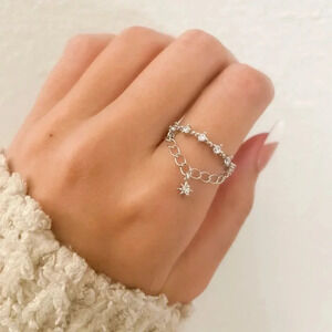 925 Sterling Silver Dangle Star Ring Dainty Minimalist Ring Dangle Chain Ring